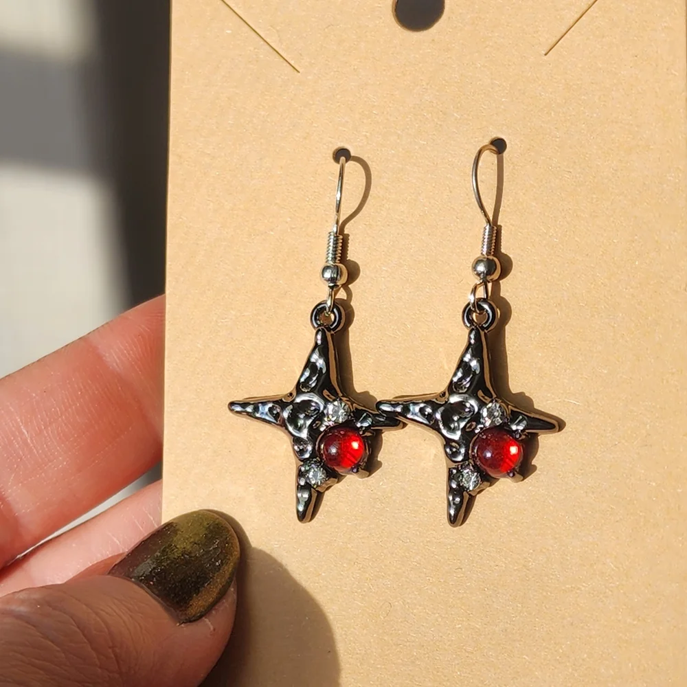 Goth Dark Gray and Red Star Earrings - Picture 5 of 5